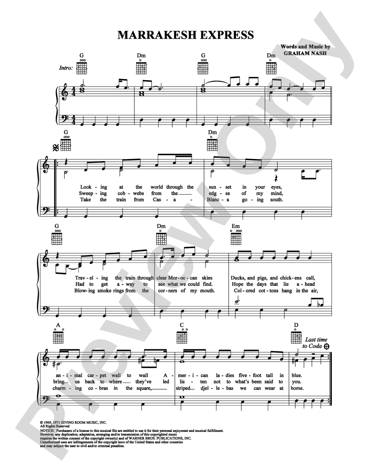 Marrakesh Express: Piano/Vocal/Chords Digital Sheet Music