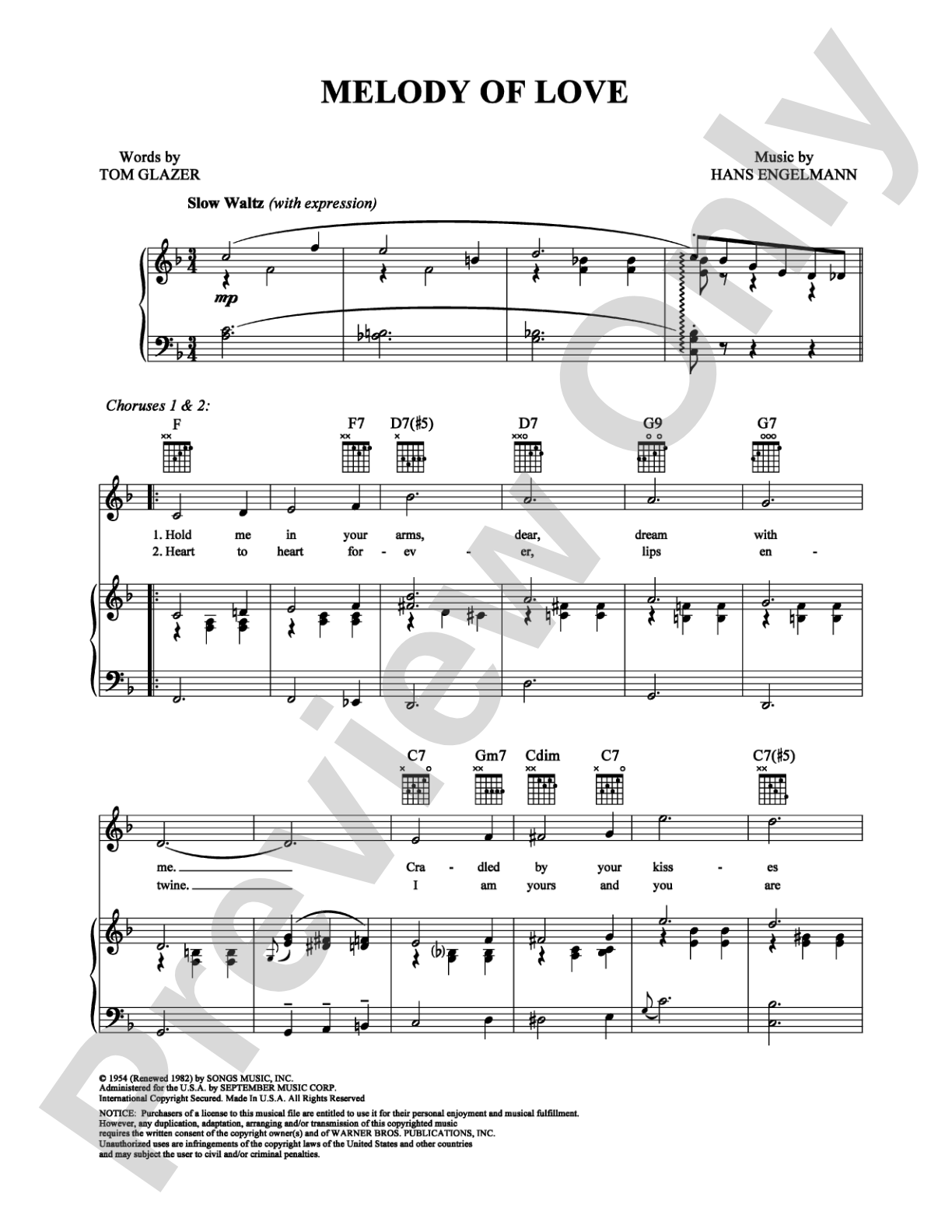 Melody Of Love: Piano/Vocal/Chords Digital Sheet Music