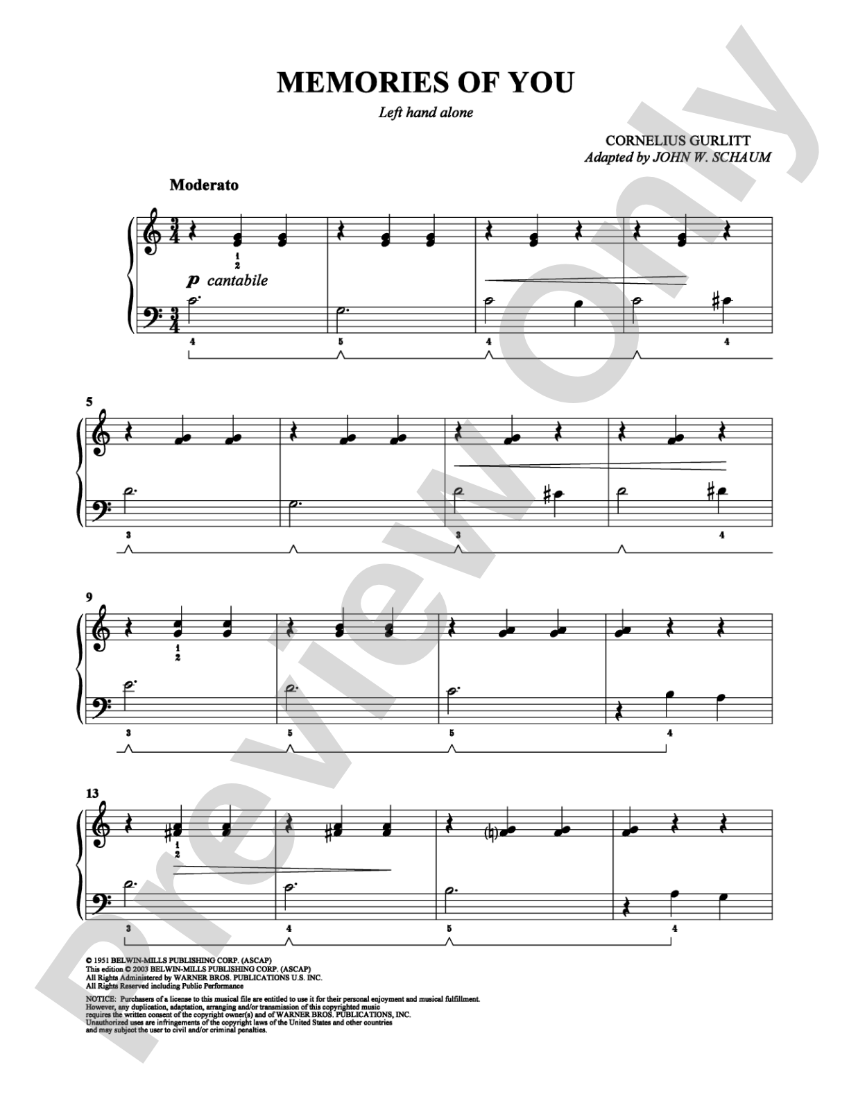 Memories of You: Easy Piano Digital Sheet Music