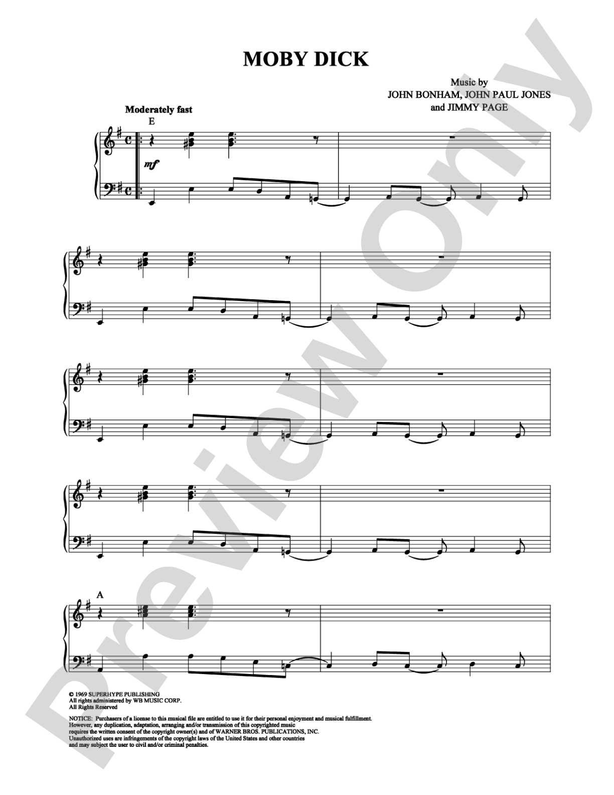 Moby Dick: Piano/Vocal/Chords Digital Sheet Music