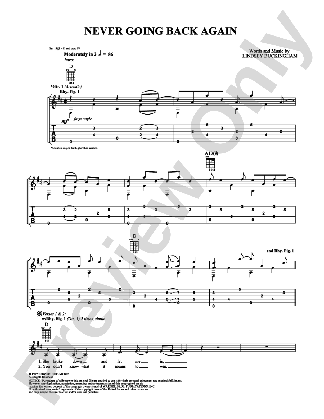 Never Going Back Again: Guitar TAB Digital Sheet Music