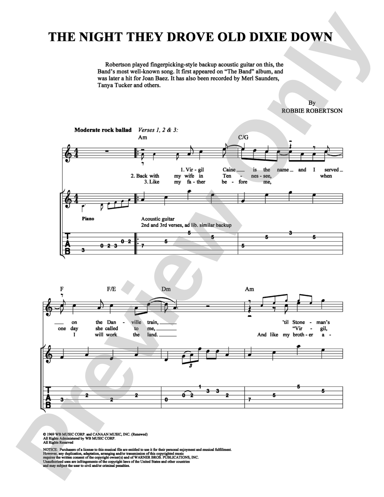 The Night They Drove Old Dixie Down: Easy Guitar Digital Sheet Music