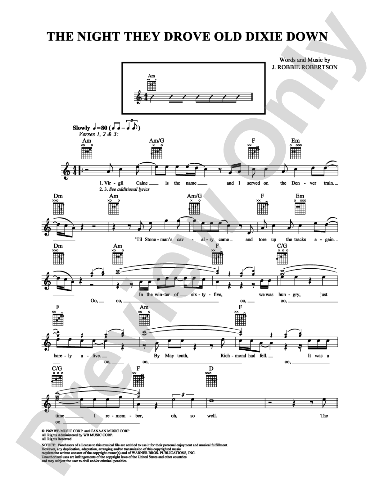 The Night They Drove Old Dixie Down: Easy Guitar Digital Sheet Music