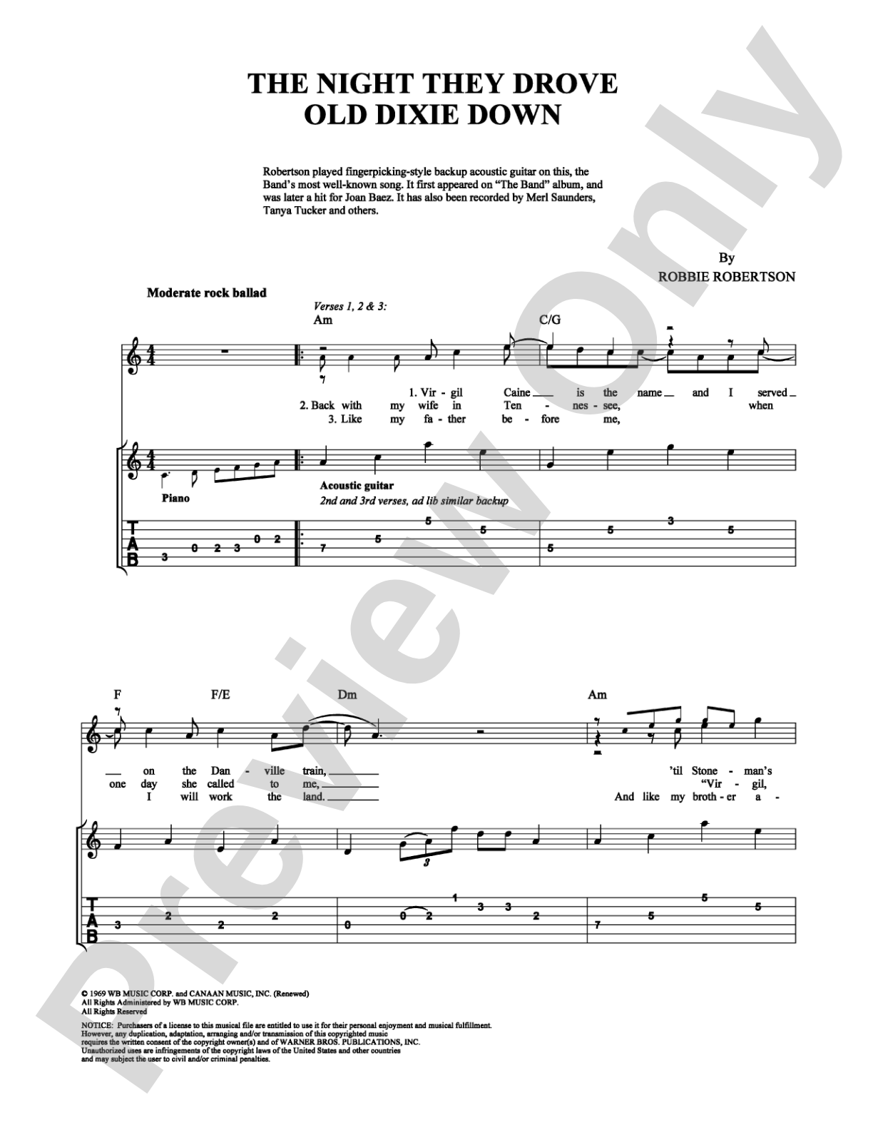 The Night They Drove Old Dixie Down: Guitar TAB Digital Sheet Music