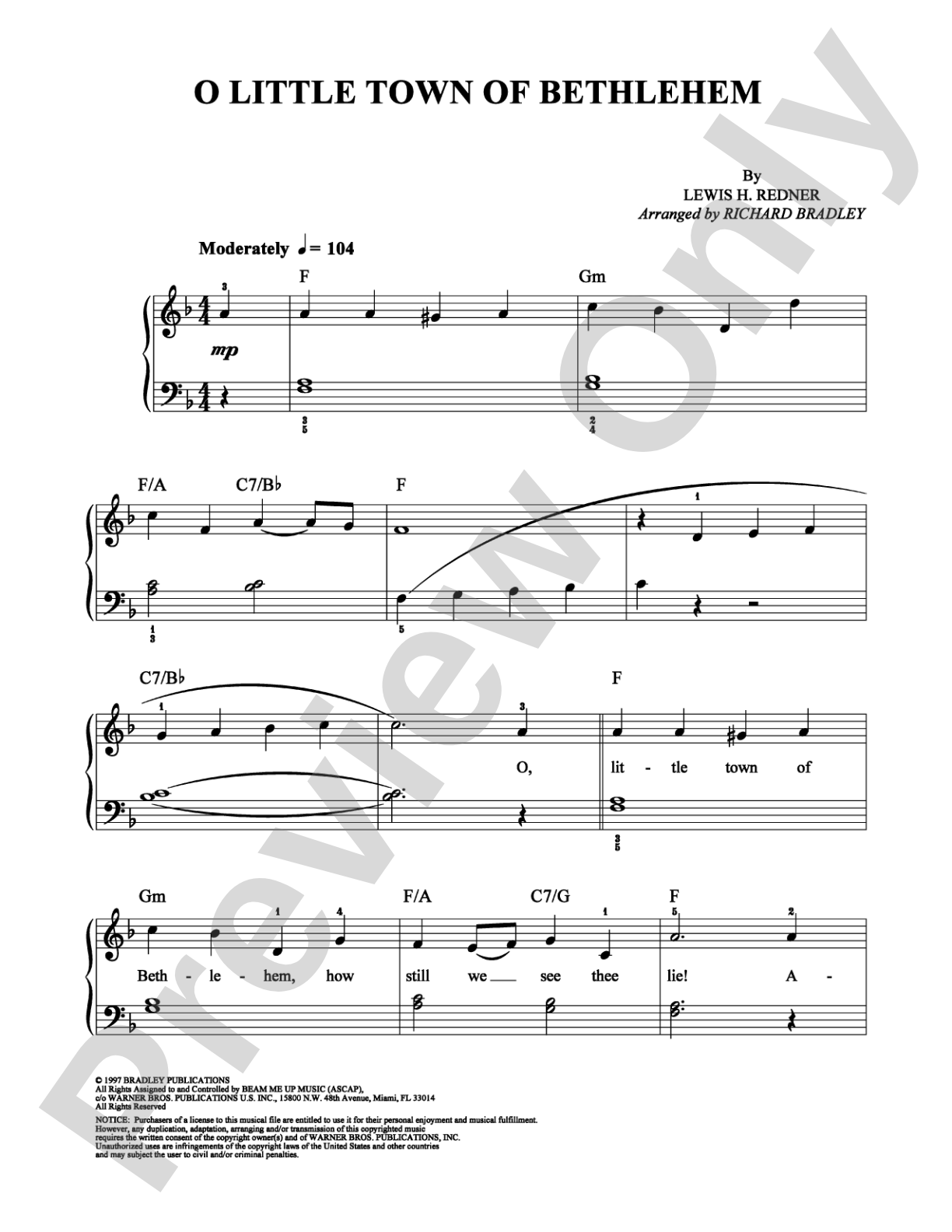 O Little Town of Bethlehem: Easy Piano Digital Sheet Music