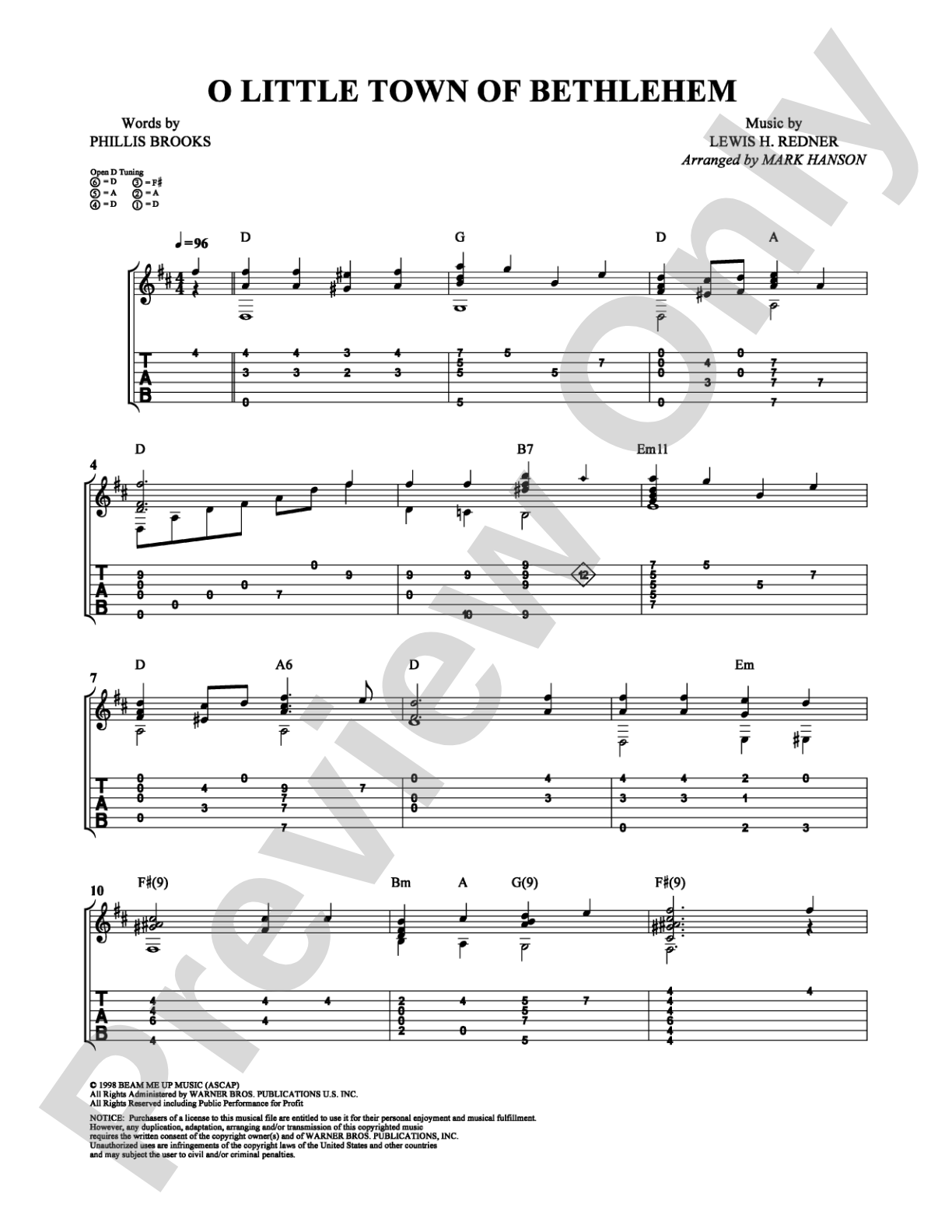 O Little Town of Bethlehem: Guitar TAB Digital Sheet Music