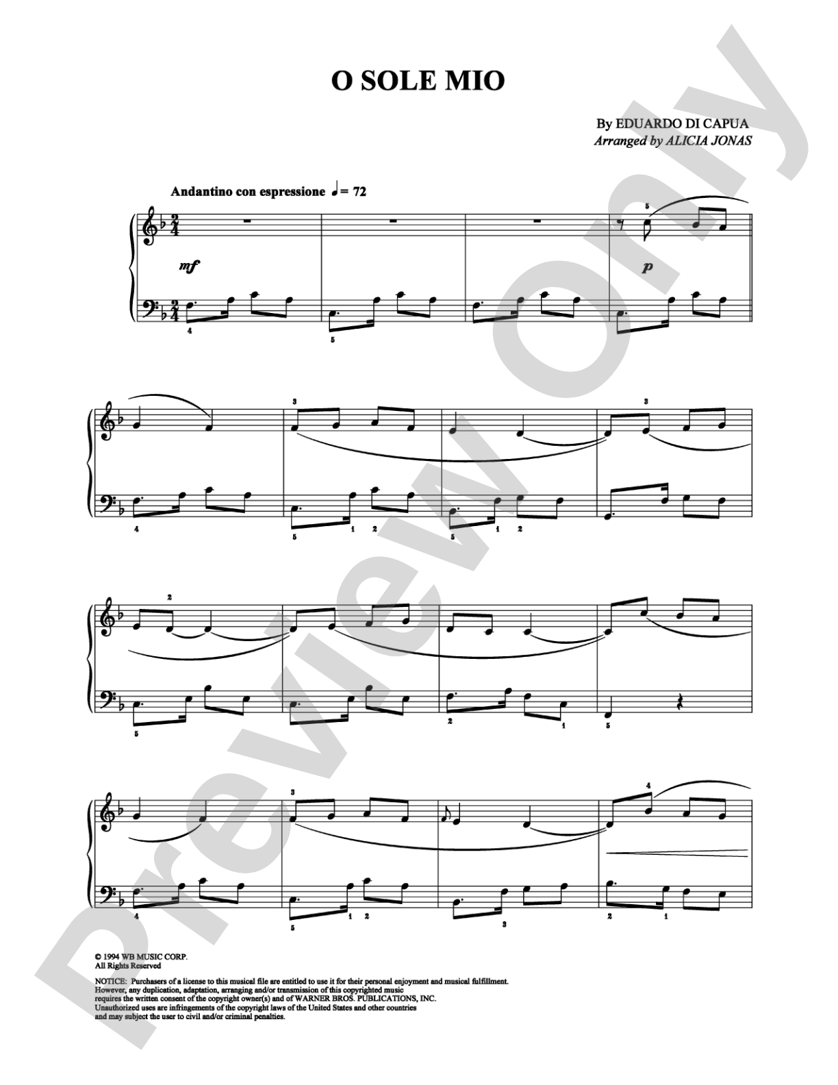 O Sole Mio: Piano Digital Sheet Music