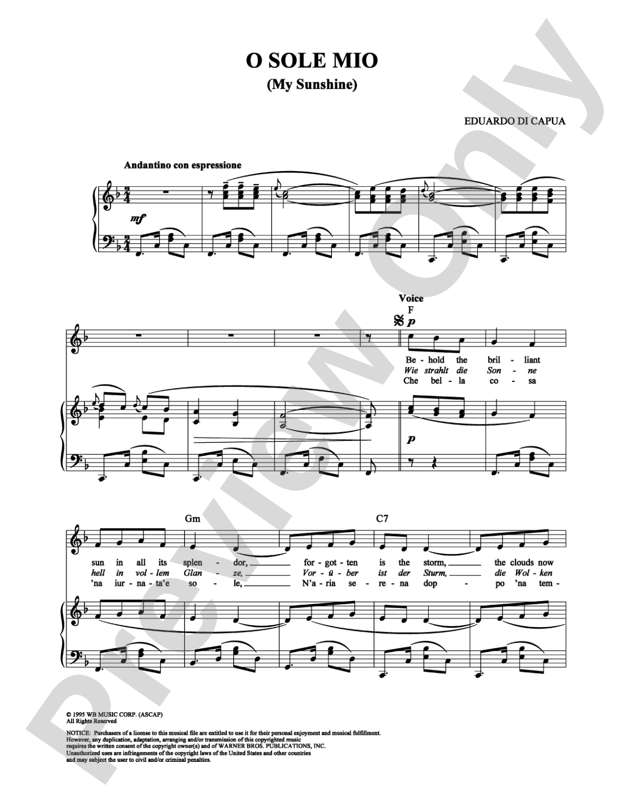 O Sole Mio: Piano/Vocal/Chords Digital Sheet Music