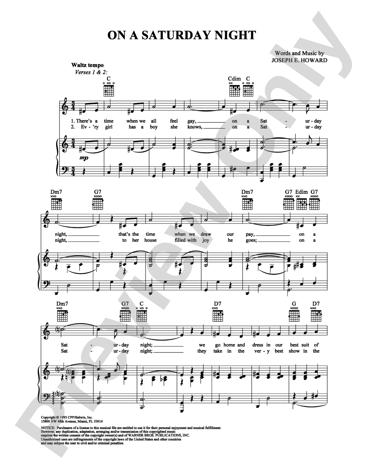 On a Saturday Night: Piano/Vocal/Chords Digital Sheet Music