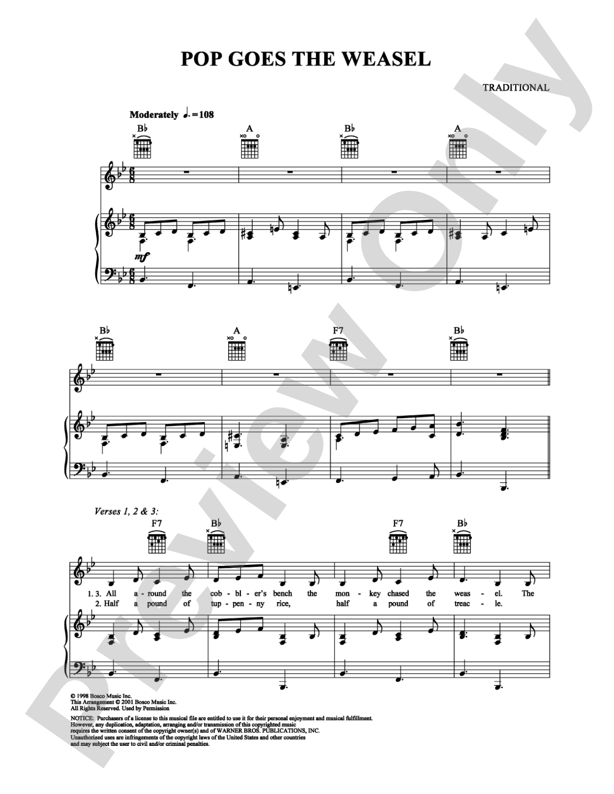Pop Goes the Weasel: Piano/Vocal/Chords Digital Sheet Music
