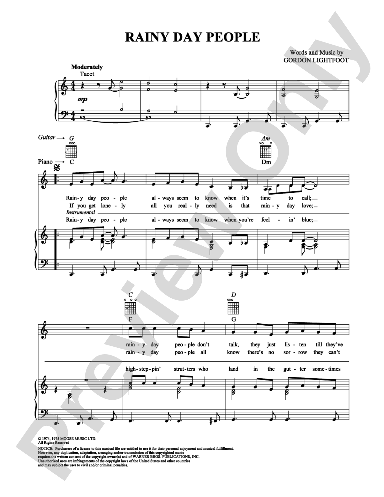 Rainy Day People: Piano/Vocal/Chords Digital Sheet Music