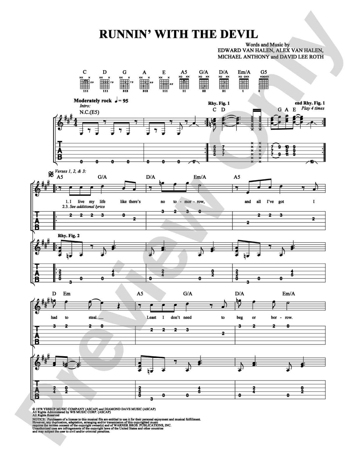 Runnin' with the Devil: Easy Guitar Digital Sheet Music