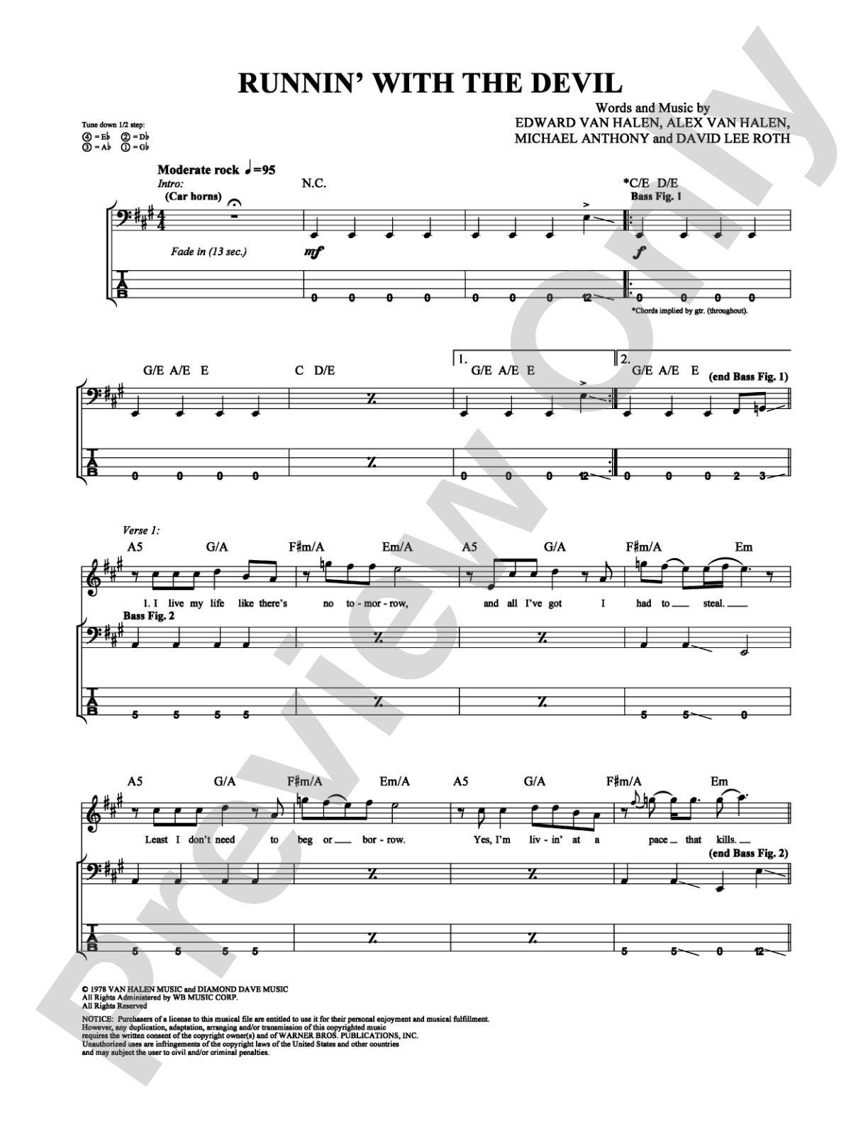 Runnin' with the Devil: Bass TAB Digital Sheet Music