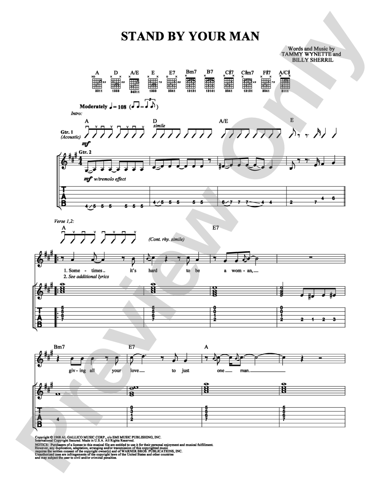 Stand By Your Man: Guitar TAB Digital Sheet Music