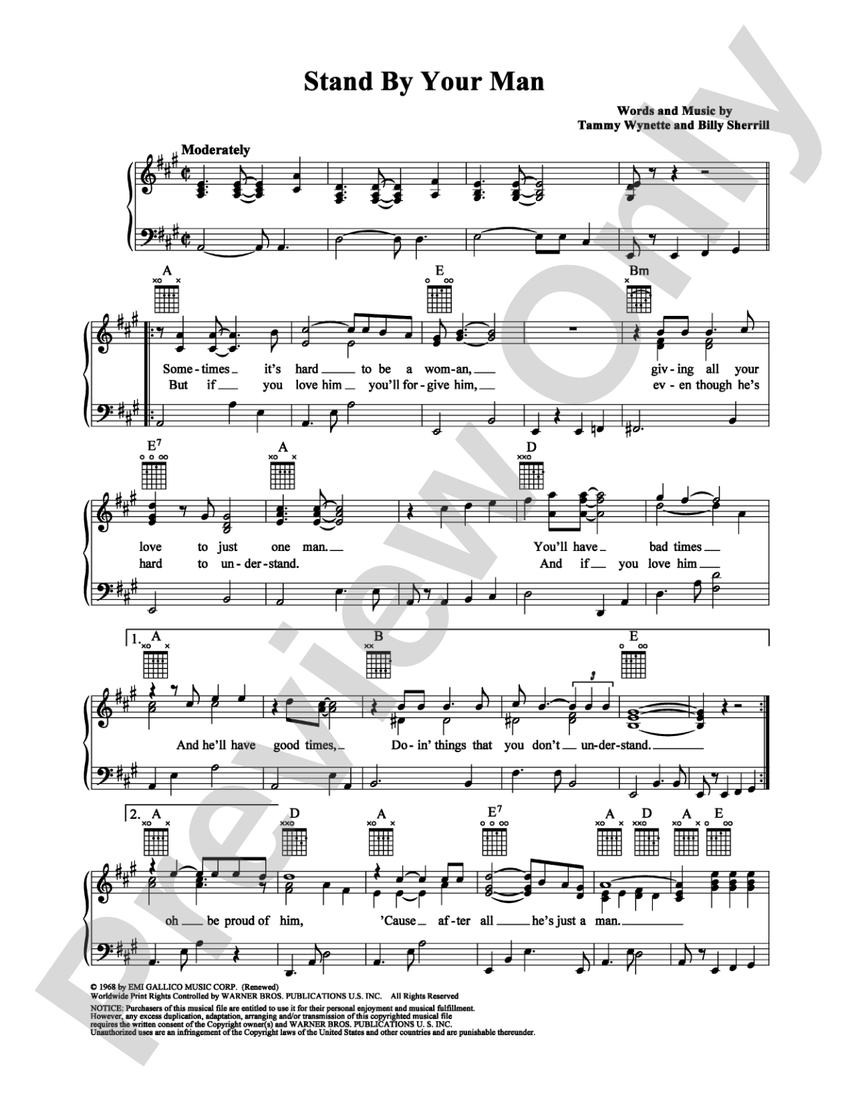 Stand By Your Man: Piano/Vocal/Chords Digital Sheet Music