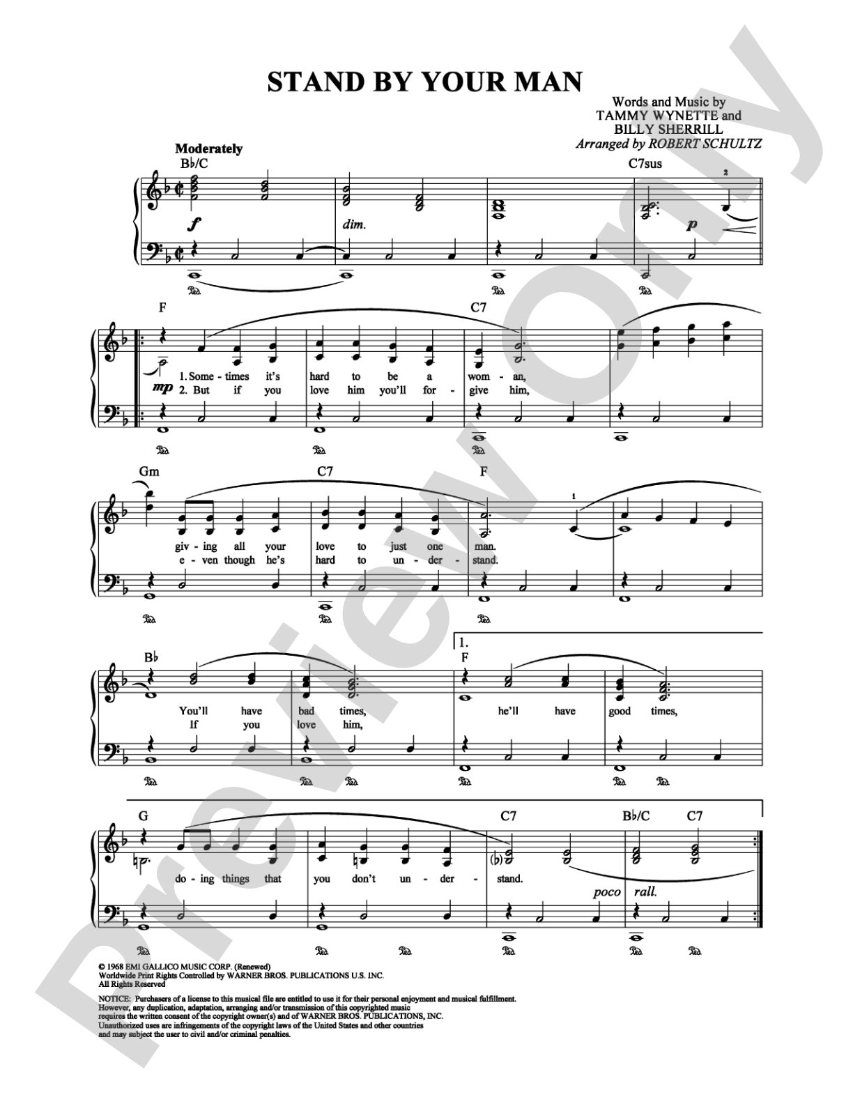 Stand By Your Man: Piano/Vocal/Chords Digital Sheet Music