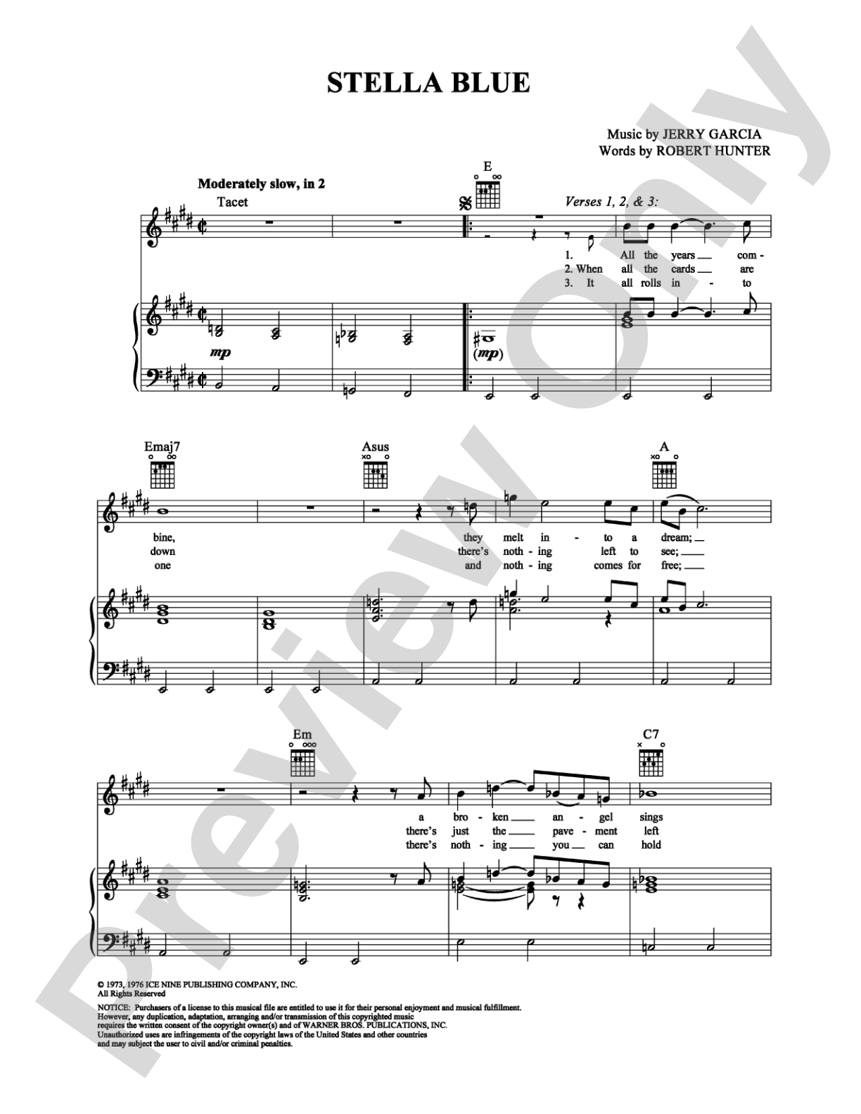 Stella Blue: Piano/Vocal/Chords Digital Sheet Music