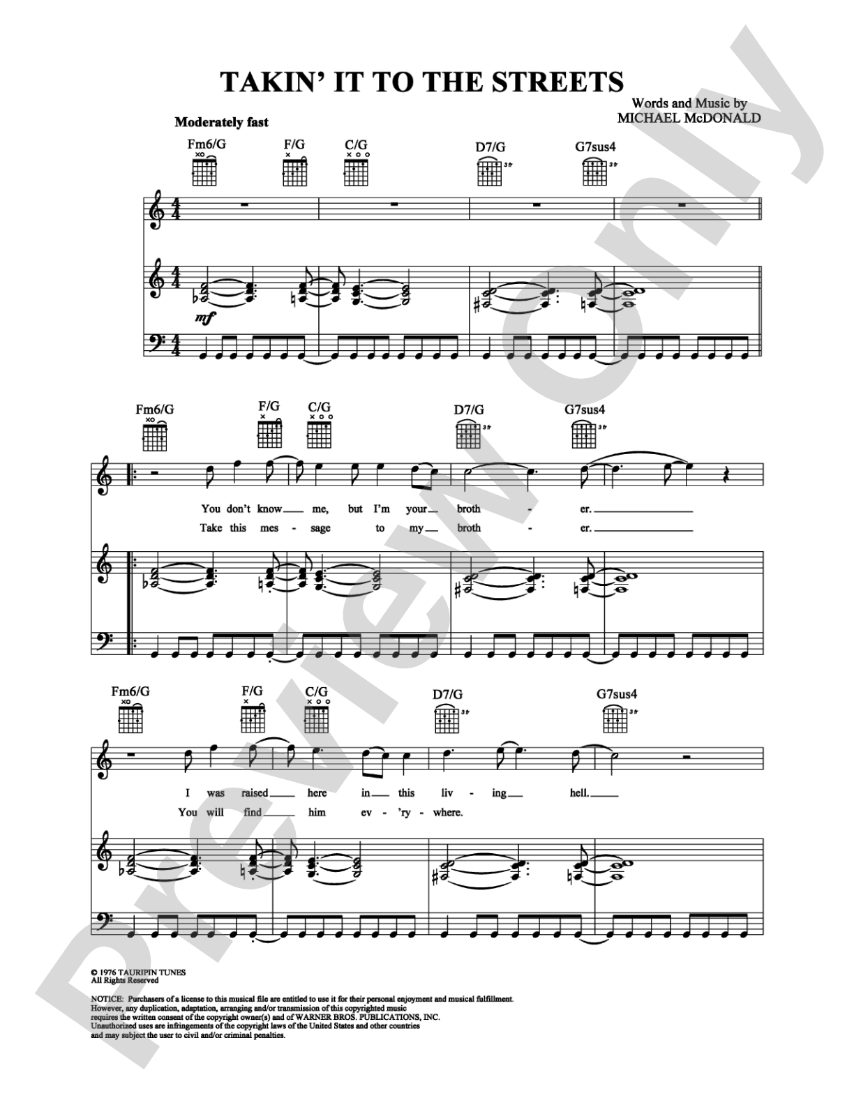 Takin' It To The Streets: Piano/Vocal/Chords Digital Sheet Music