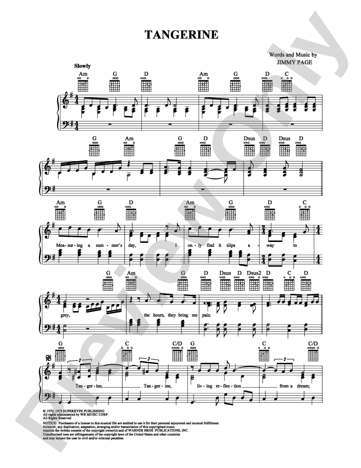 Tangerine: Piano/Vocal/Chords Digital Sheet Music