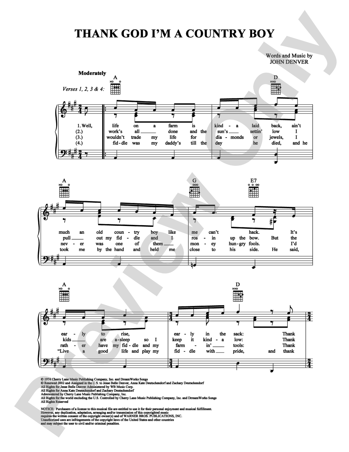 Thank God I'm a Country Boy: Piano/Vocal/Chords Digital Sheet Music
