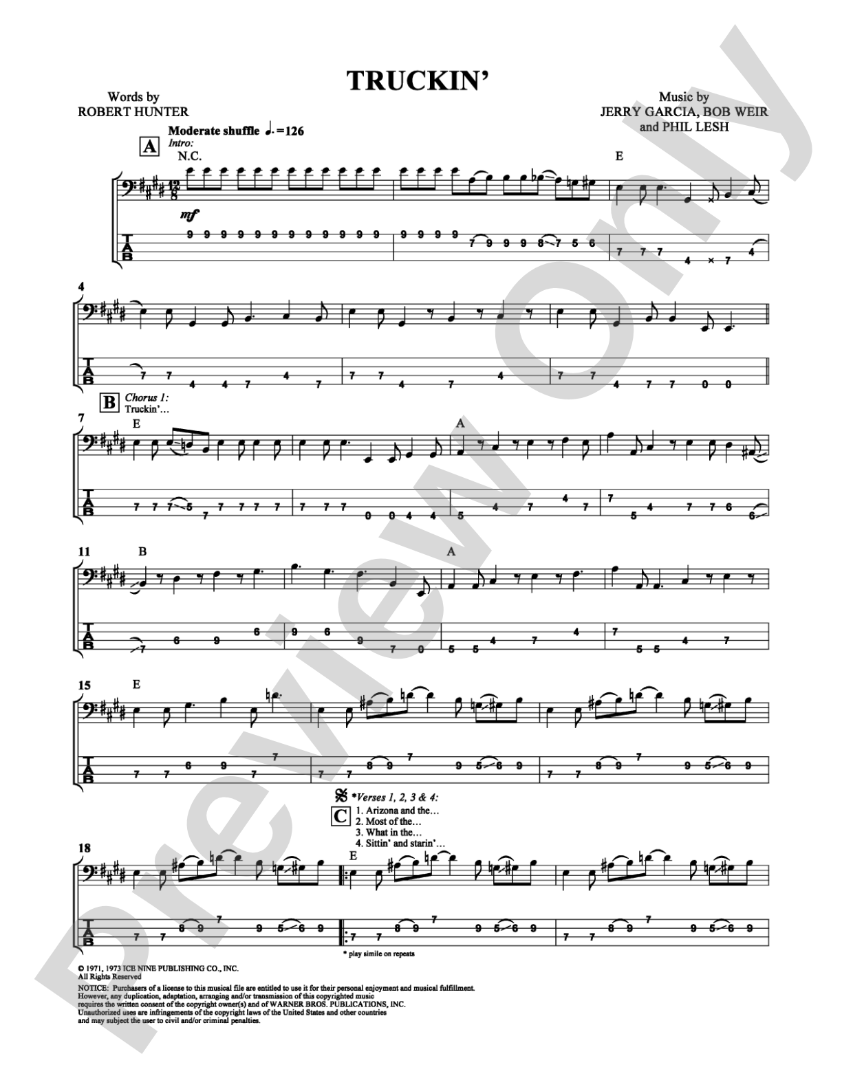 Truckin': Bass TAB Digital Sheet Music