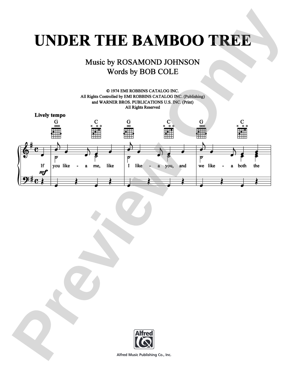 Under the Bamboo Tree: Piano/Vocal/Chords Digital Sheet Music