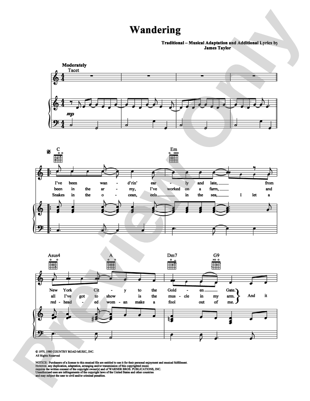 Wandering: Piano/Vocal/Chords Digital Sheet Music