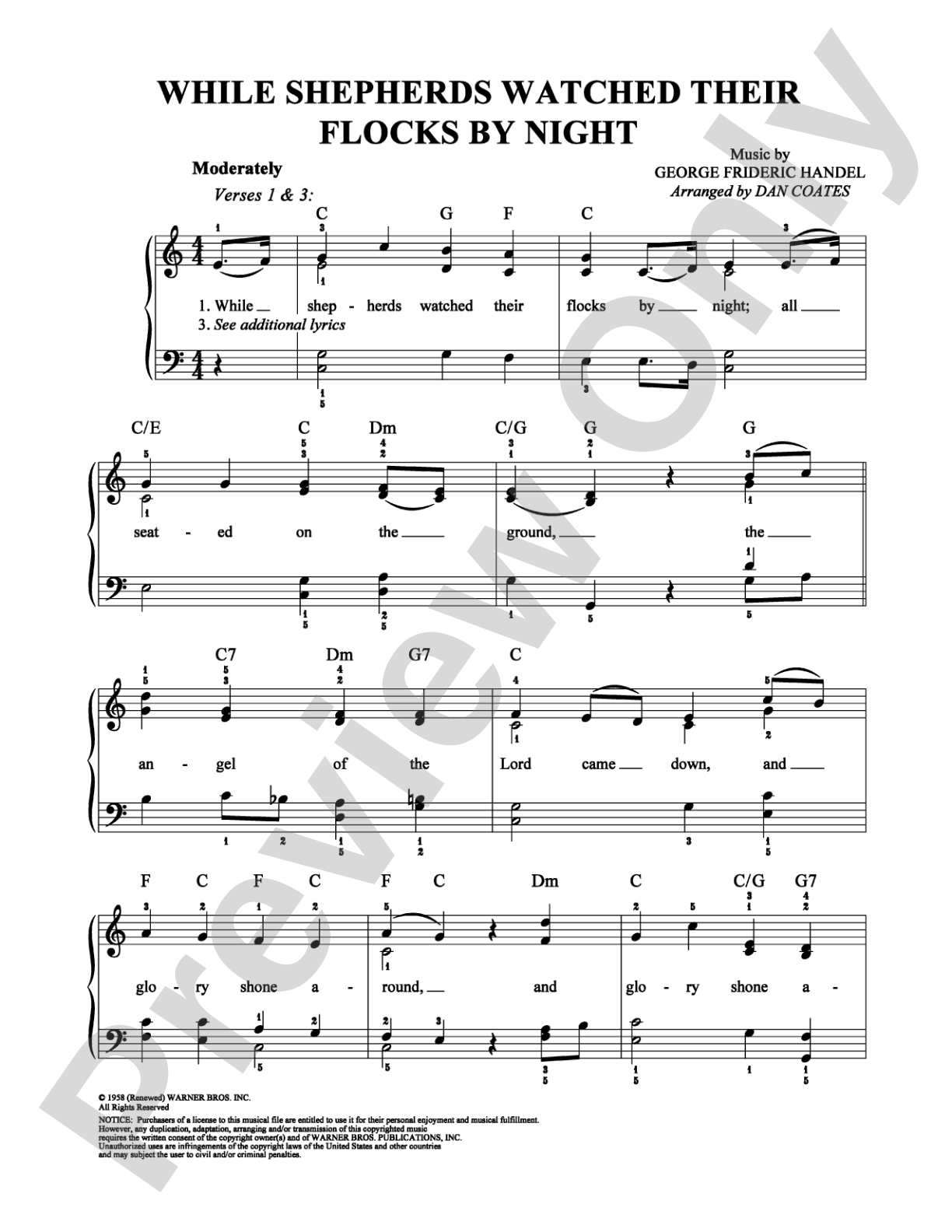 While Shepherds Watched Their Flocks By Night: Easy Piano Digital Sheet Music