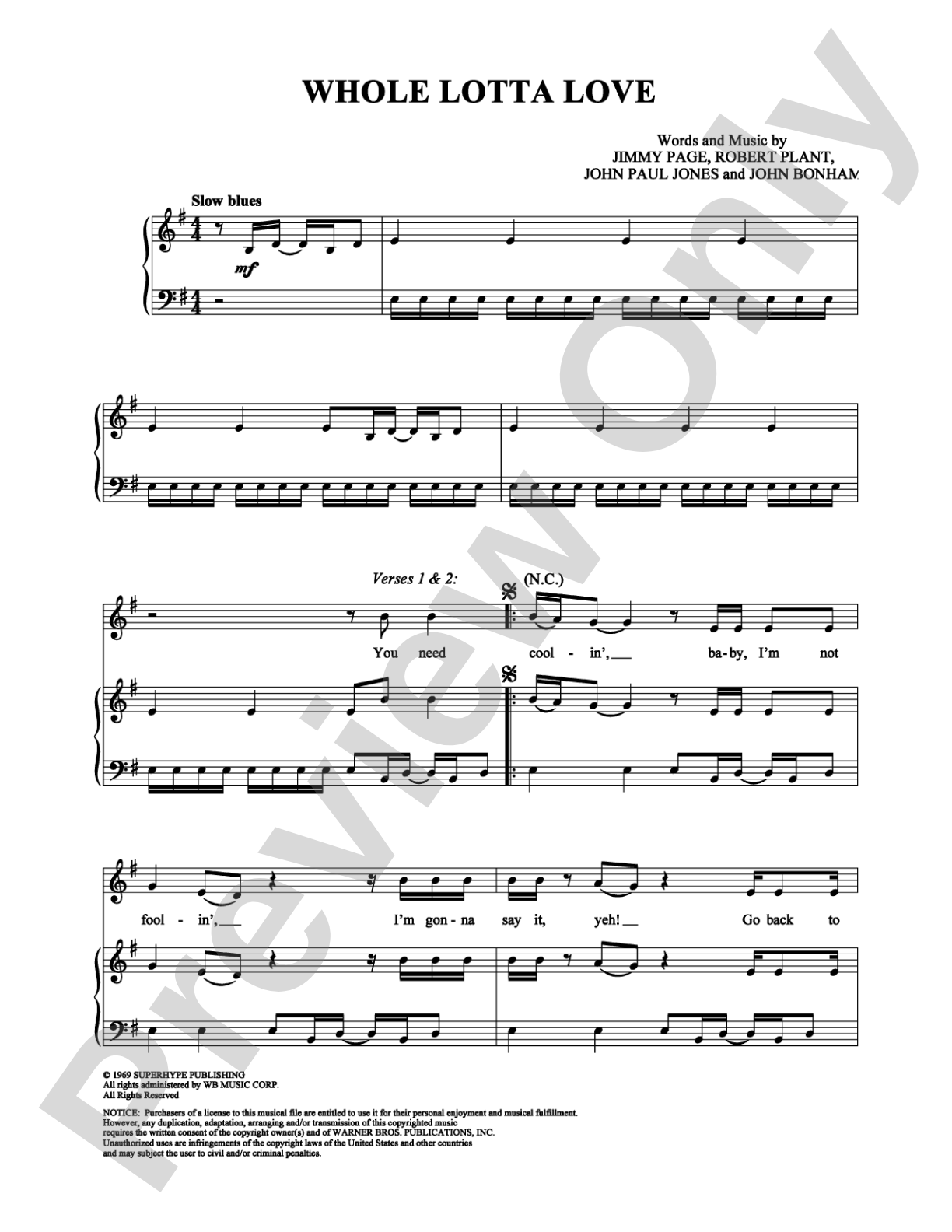 Whole Lotta Love: Piano/Vocal/Chords Digital Sheet Music