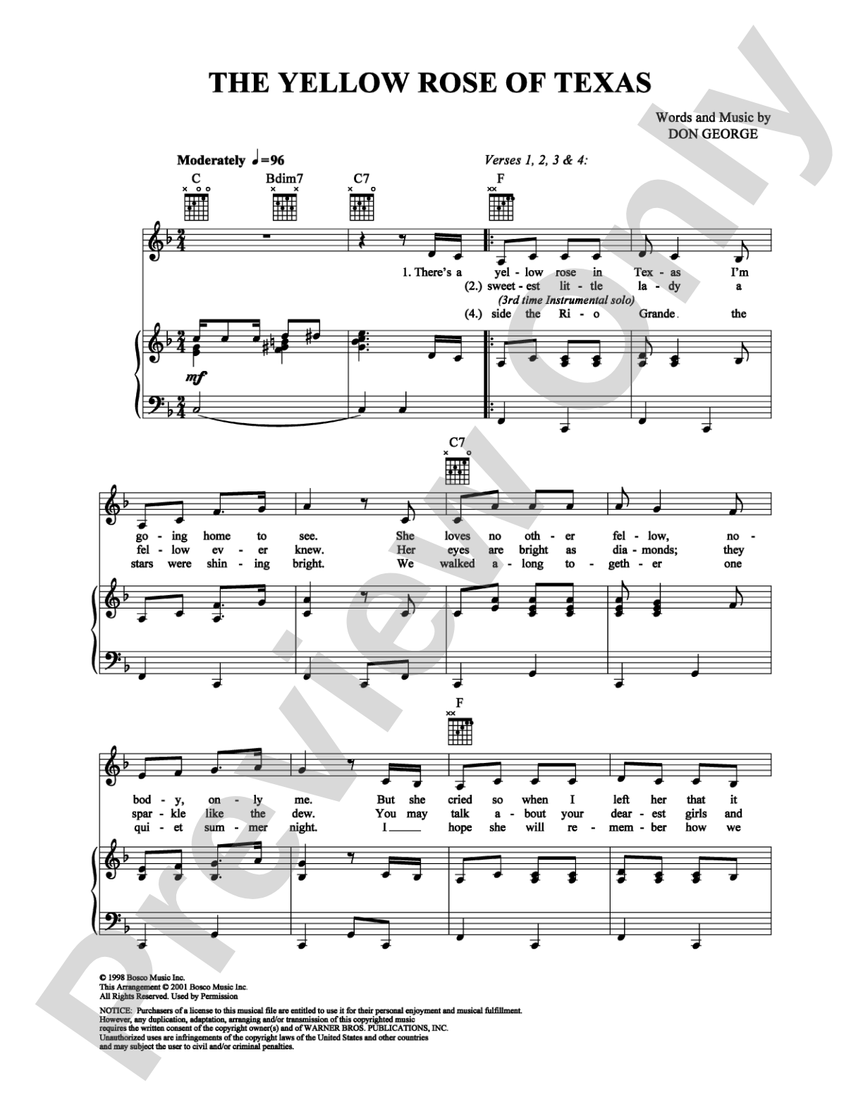 The Yellow Rose of Texas: Piano/Vocal/Chords Digital Sheet Music