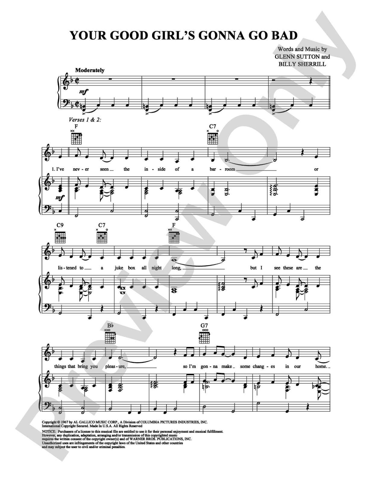 Your Good Girl's Gonna Go Bad: Piano/Vocal/Chords Digital Sheet Music