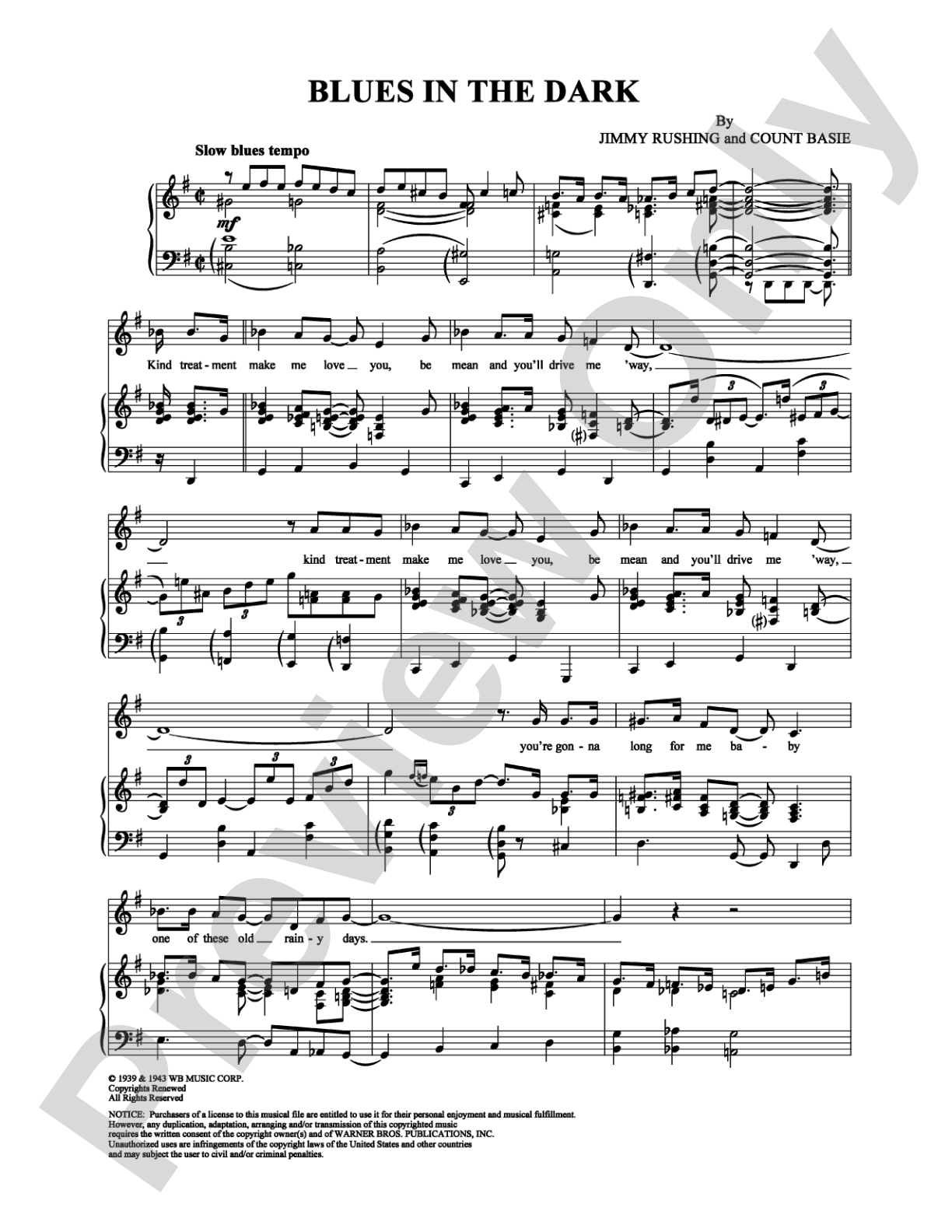 Blues in the Dark: Piano/Vocal/Chords Digital Sheet Music