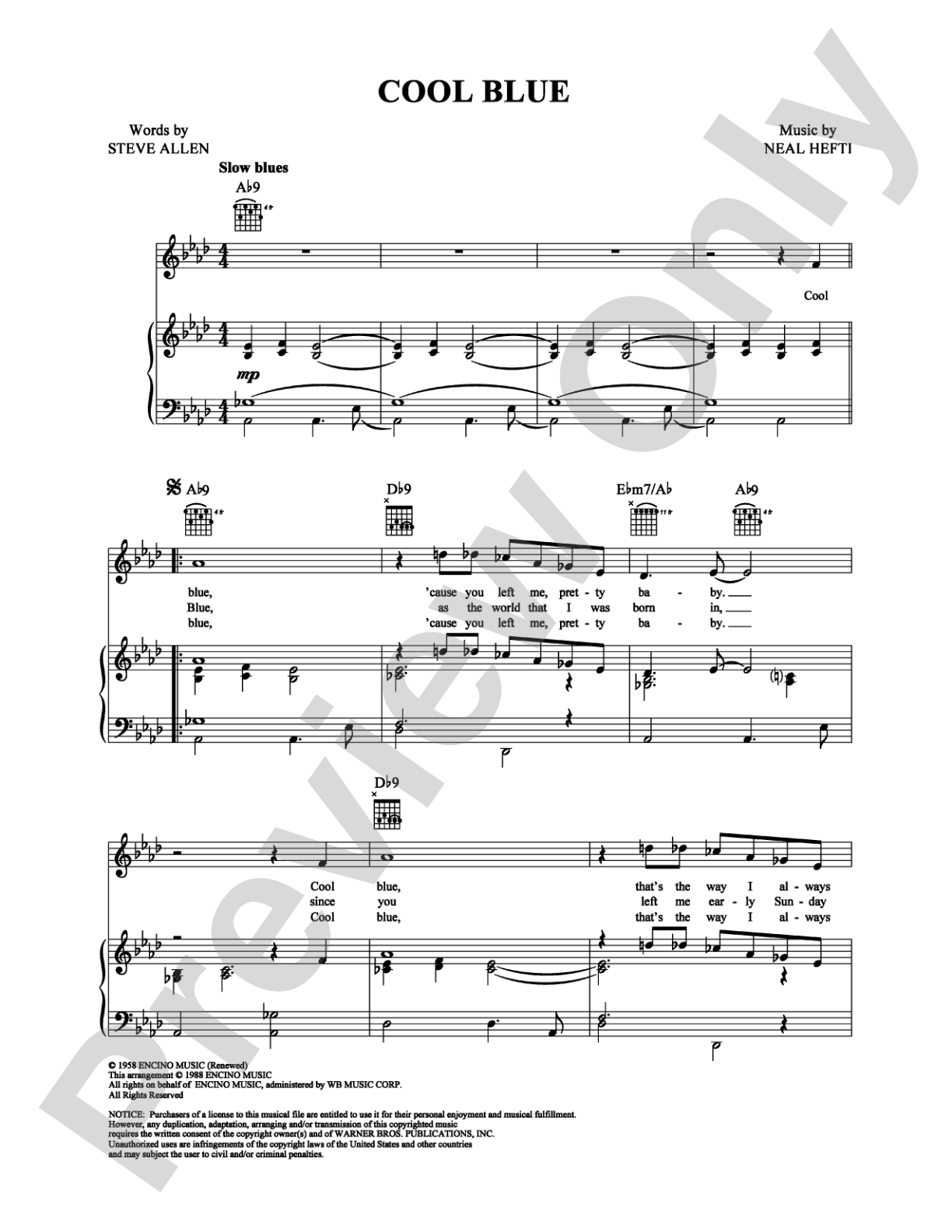 Cool Blue: Piano/Vocal/Chords Digital Sheet Music