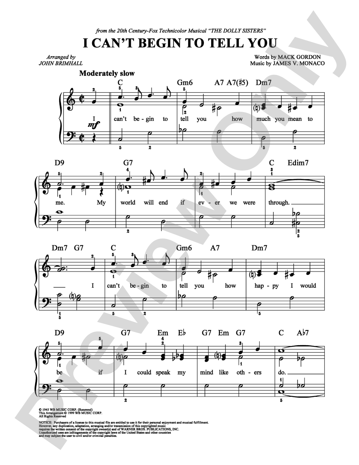 I Can't Begin to Tell You: Easy Piano Digital Sheet Music