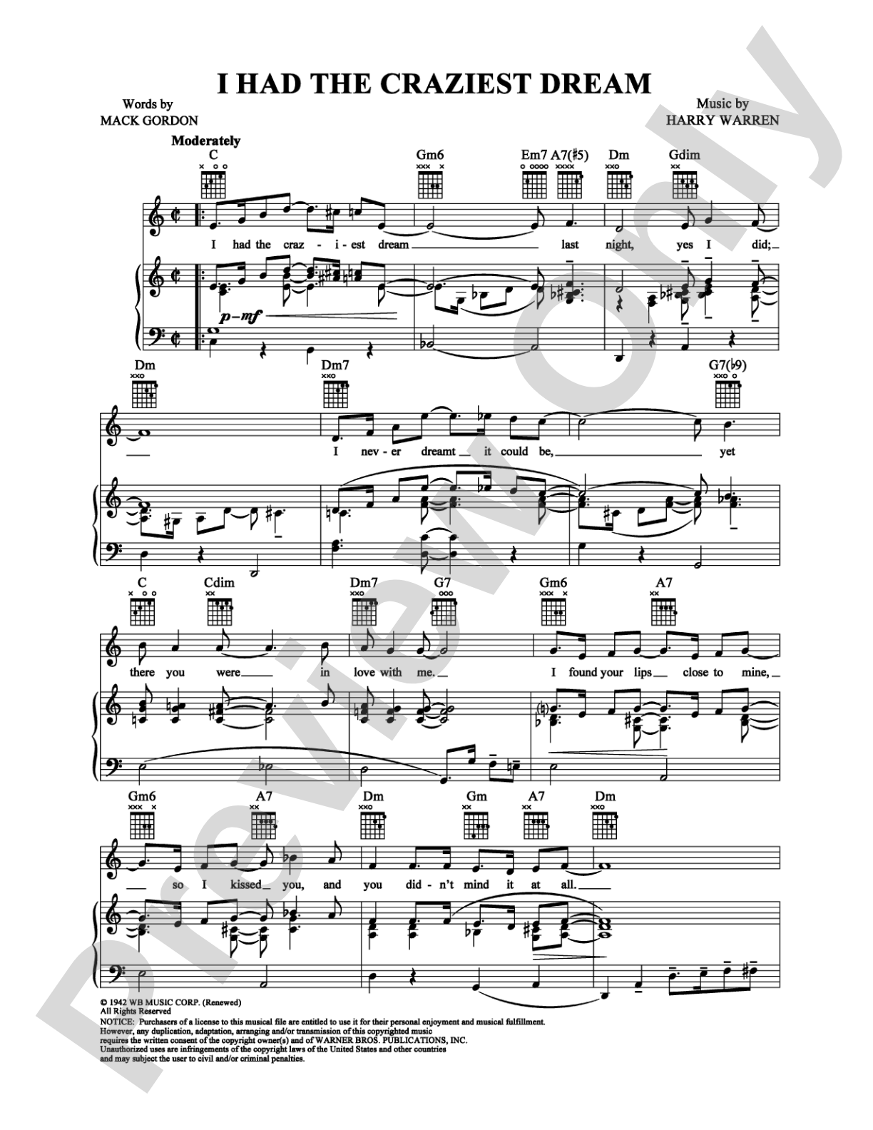 I Had the Craziest Dream: Piano/Vocal/Chords Digital Sheet Music