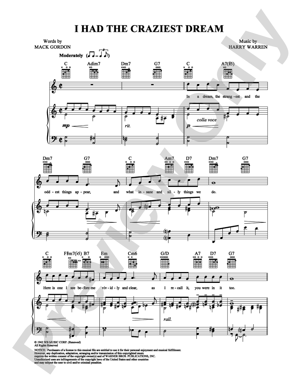I Had the Craziest Dream: Piano/Vocal/Chords Digital Sheet Music