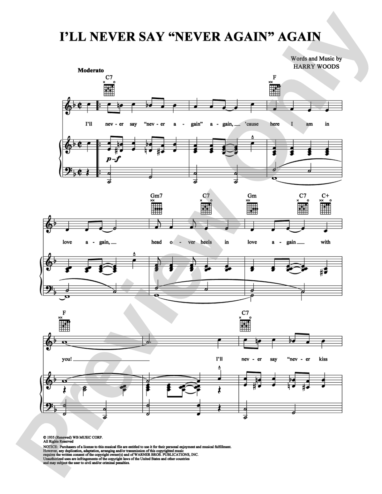 I'll Never Say "Never Again" Again: Piano/Vocal/Chords Digital Sheet Music