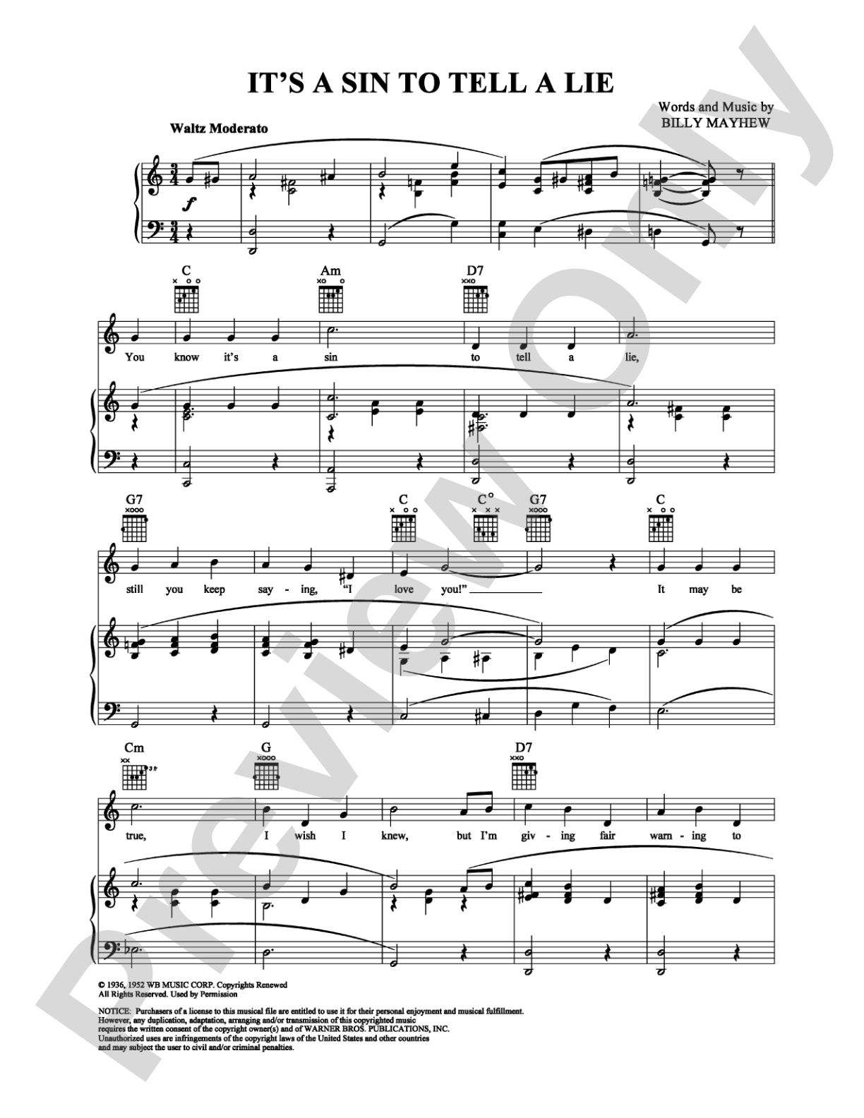 It's a Sin to Tell a Lie: Piano/Vocal/Chords Digital Sheet Music