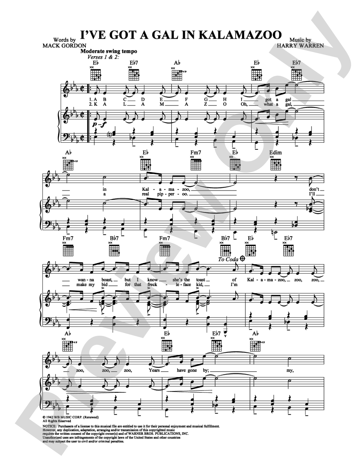 I've Got A Gal In Kalamazoo: Piano/Vocal/Chords Digital Sheet Music