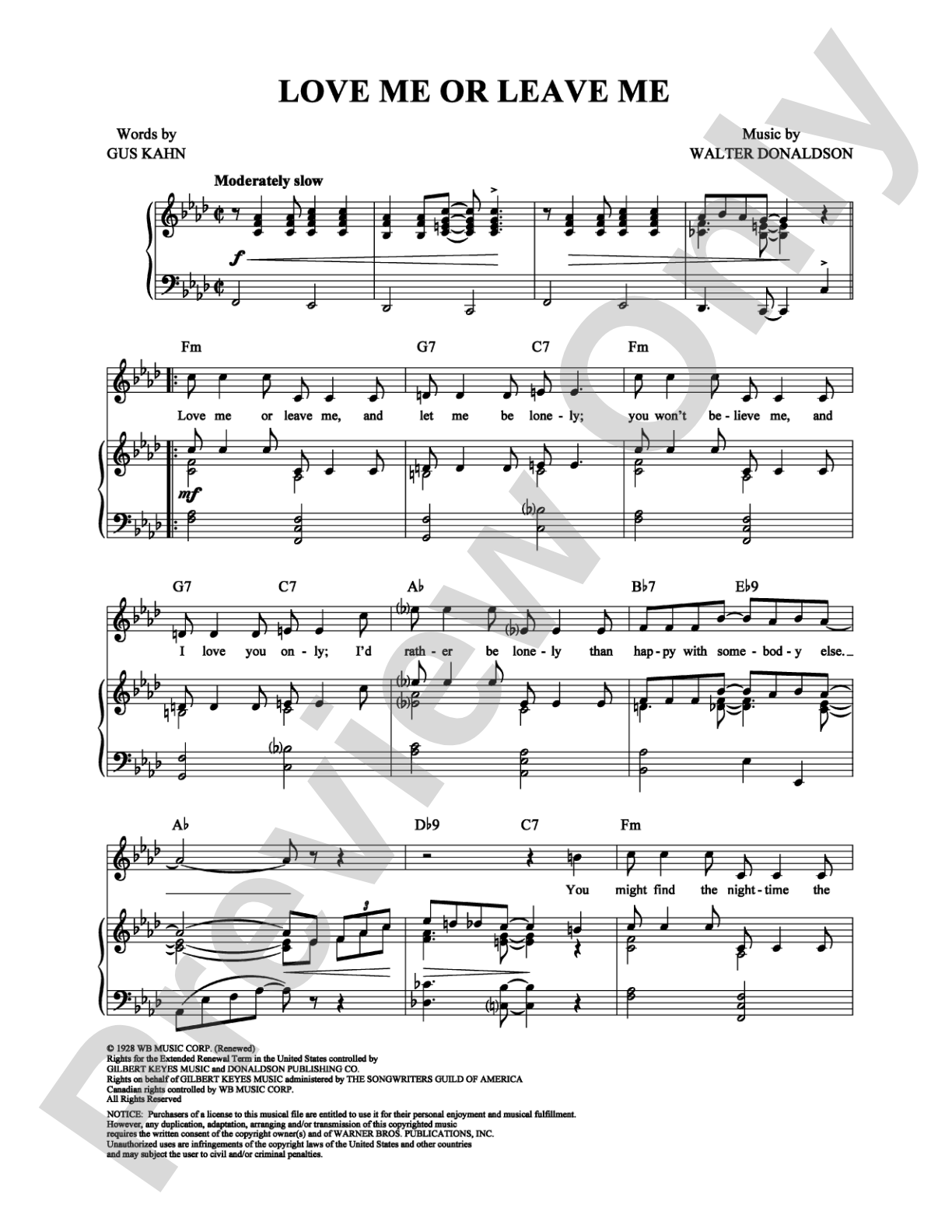Love Me or Leave Me: Piano/Vocal/Chords Digital Sheet Music