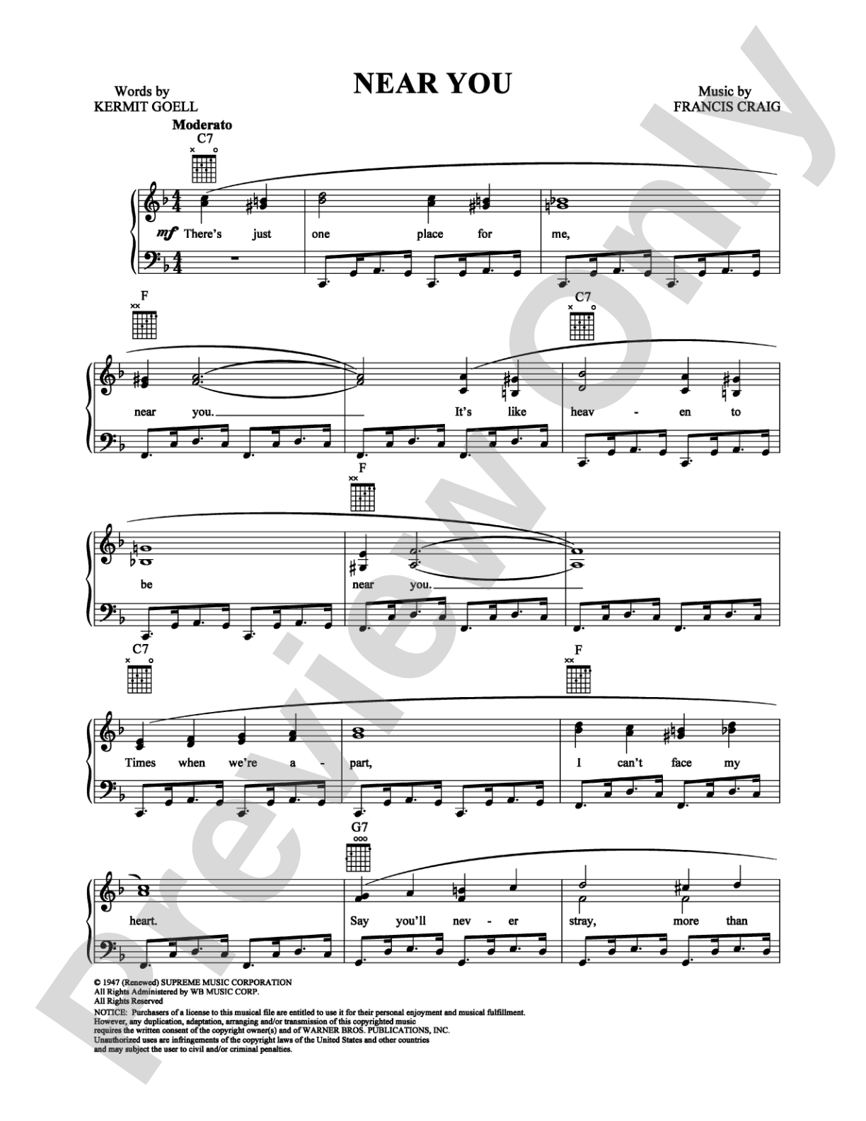 Near You: Piano/Vocal/Chords Digital Sheet Music