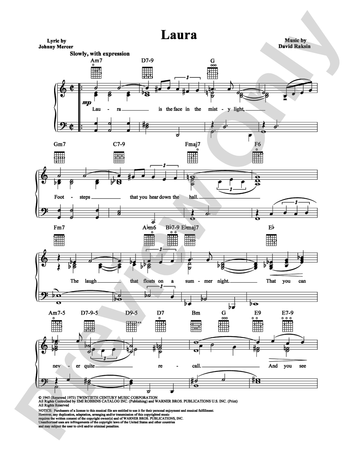 Laura: Piano/Vocal/Chords Digital Sheet Music