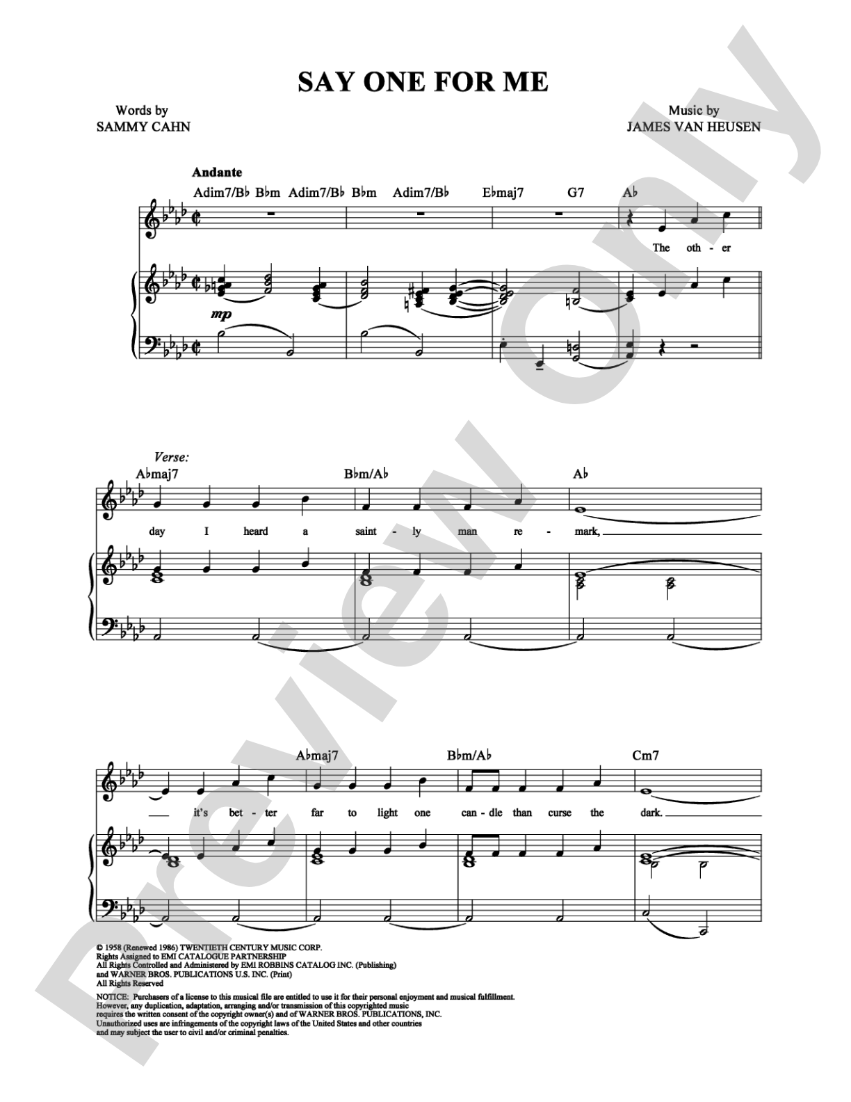 Say One for Me: Piano/Vocal/Chords Digital Sheet Music