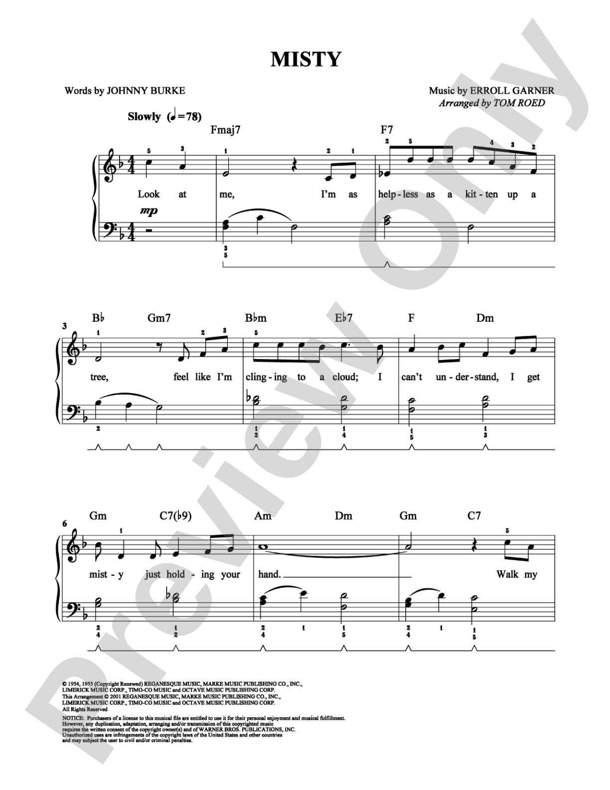 Misty: Easy Piano Digital Sheet Music