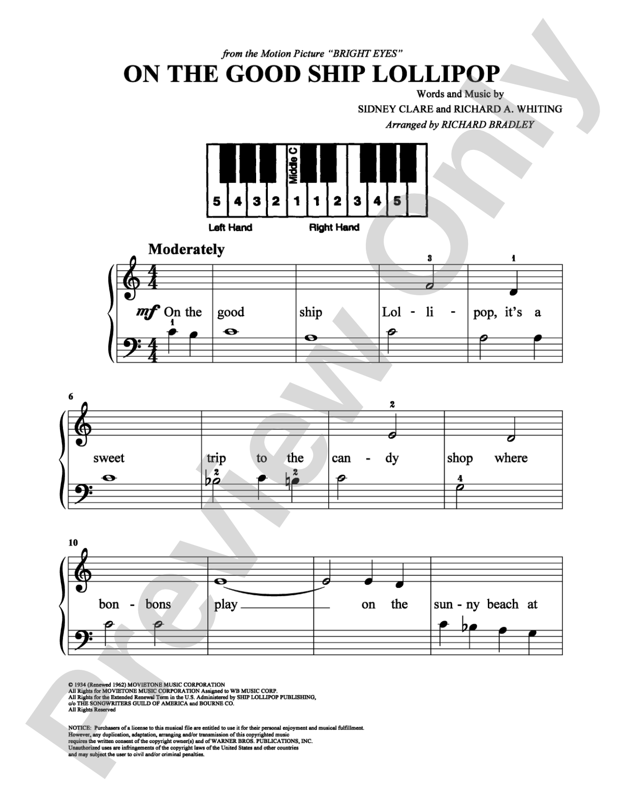 On the Good Ship Lollipop: Easy Piano Digital Sheet Music