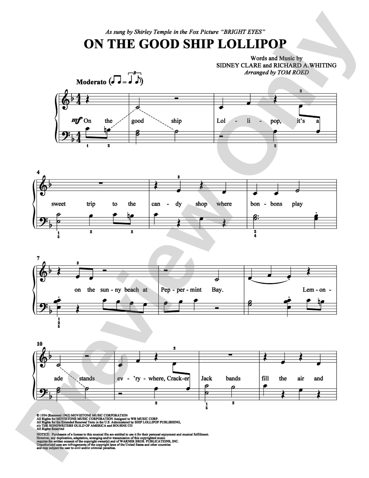 On the Good Ship Lollipop: Easy Piano Digital Sheet Music