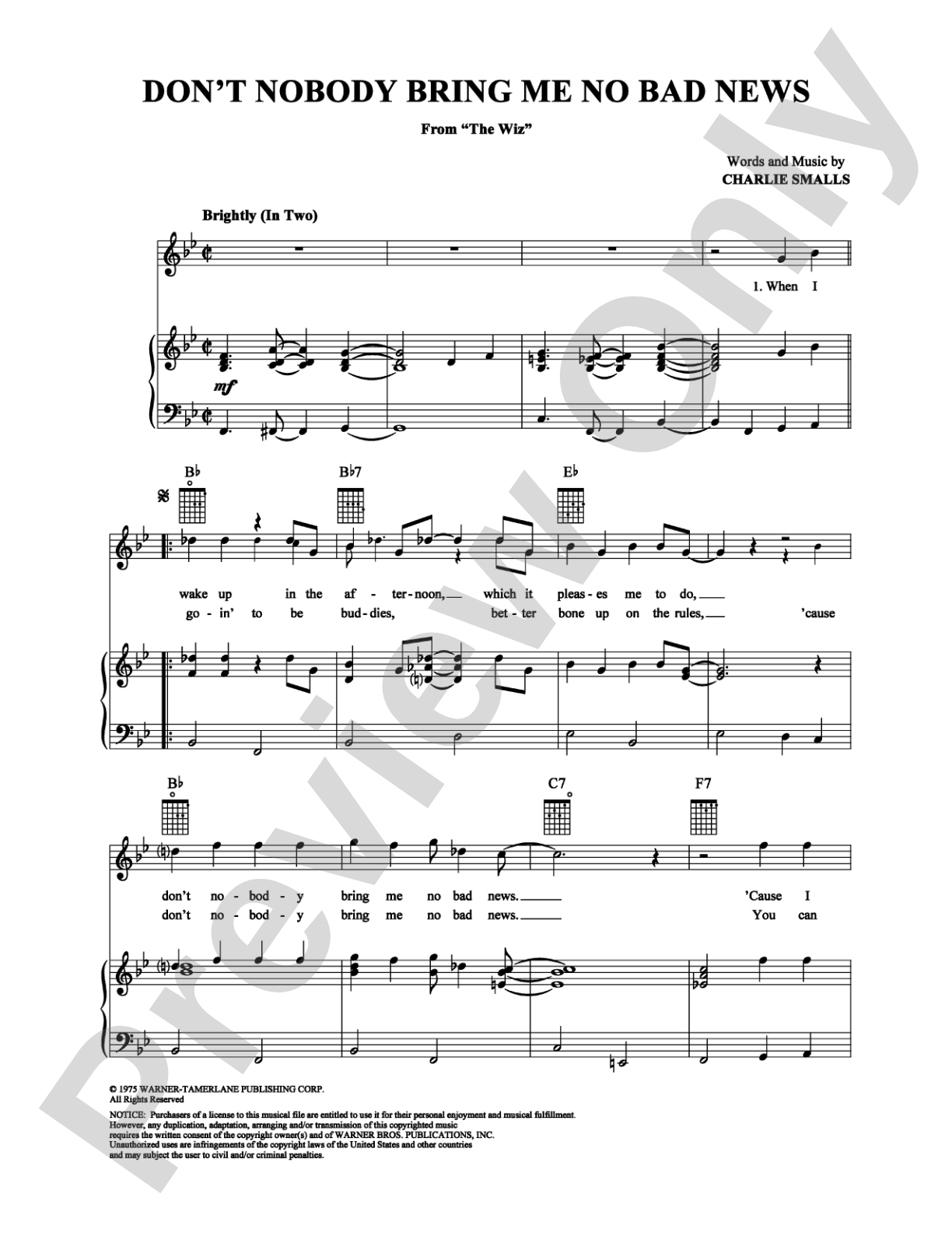 Don't Nobody Bring Me Bad News: Piano/Vocal/Chords Digital Sheet Music