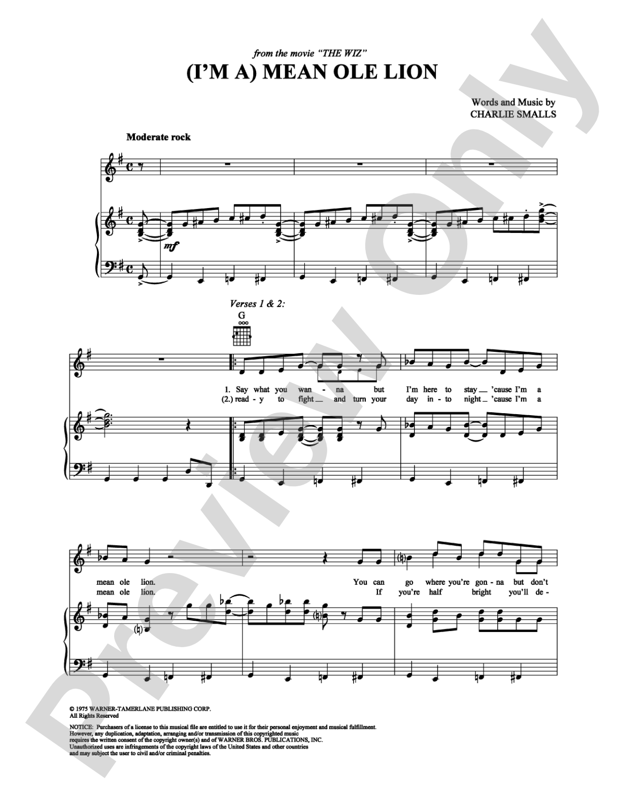 (I'm A) Mean Ole Lion: Piano/Vocal/Chords Digital Sheet Music