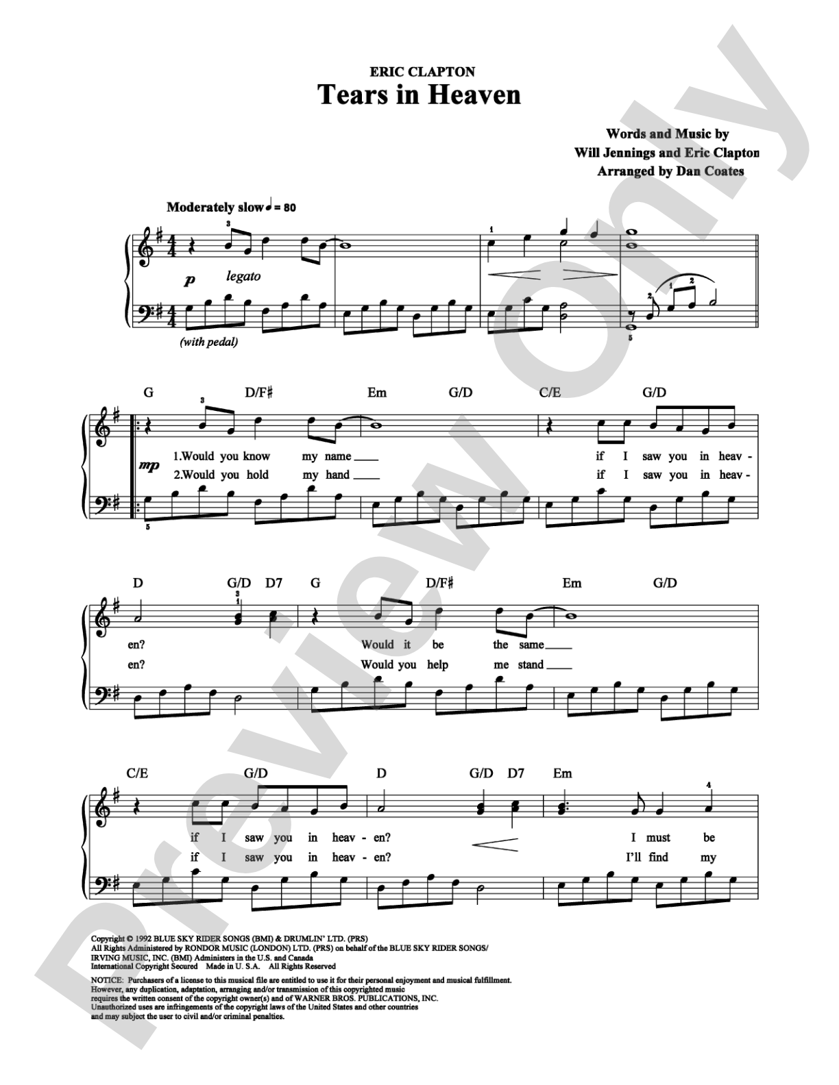 Tears In Heaven: Easy Piano Digital Sheet Music