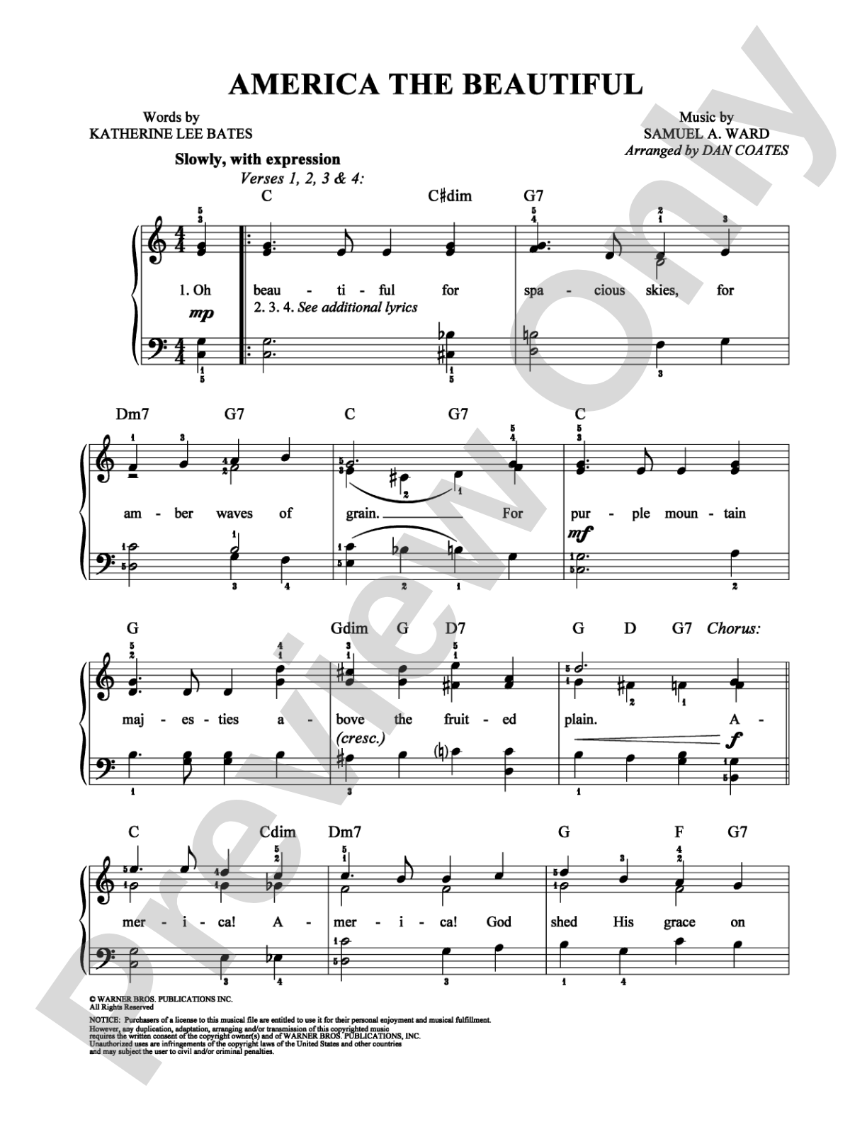America the Beautiful: Easy Piano Digital Sheet Music